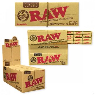 RAW Classic Masterpiece 1¼" Rolling Papers + Pre-Rolled Tips (50 Sheets + 16 Tips per Pack) - 24 Pack Display
